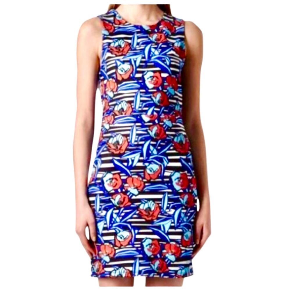 TOPSHOP Dress Floral Mini Sleeveless High Neck Scuba Stripe Blue Pink Black 6